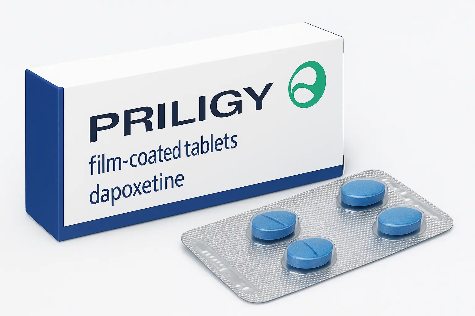 Priligy Dapoxetine product packaging including box and tablet strips